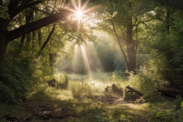 Rural setting with sunbeams shining through the trees created with generative ai