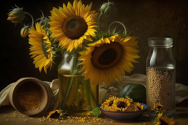 Rural still life sunflower oil in bottle with flowers of sunflower Helianthus annuus in dark light Neural network AI generated