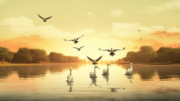 Photo rural summer landscape domestic white geese swimming in the river