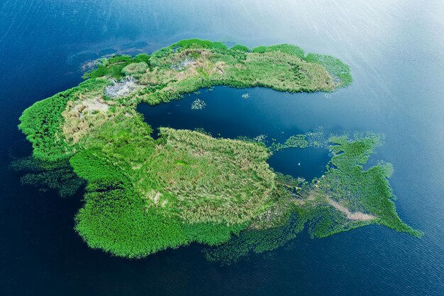Rural summer landscape with river Dnipro and small green island like new continent, natural abstract background, aerial view