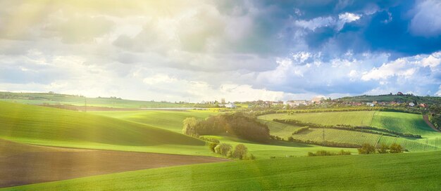 Paesaggio rurale soleggiato con campi ondeggianti e vista panoramica del cielo blu drammatico