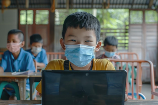 Photo rural thai boys wear masks study online during pandemic