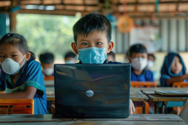 Photo rural thai boys wear masks study online during pandemic