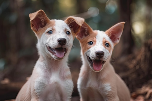 タイの田舎では、赤と白のタイの子犬がお互いをからかいます