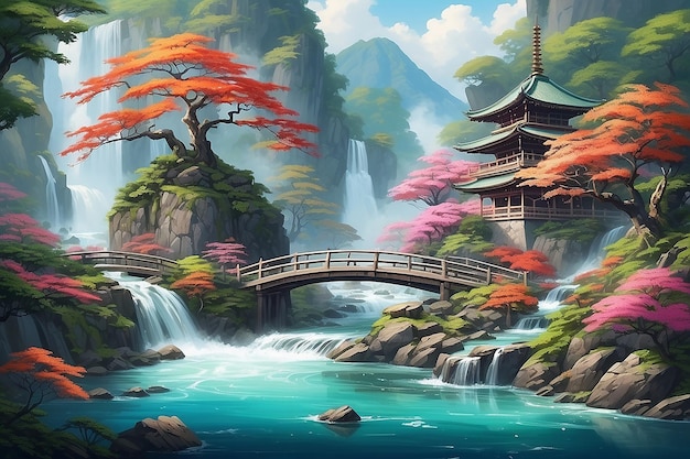 Rural traditional bridge in the style of Japanese watercolor