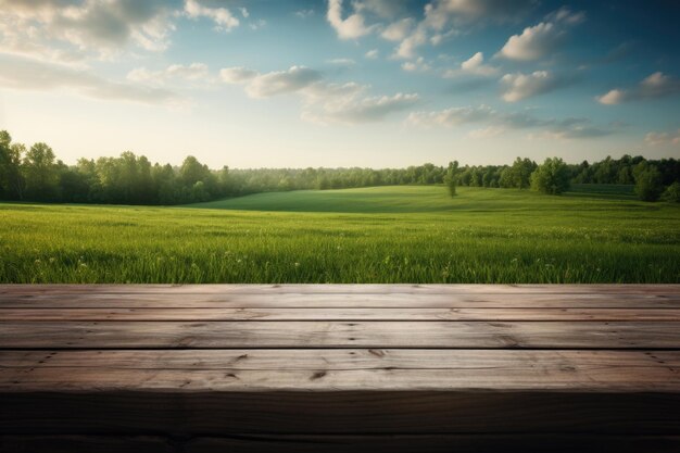 Rural Tranquility Serenity engulfs the countryside where a verdant meadow stretches beneath the azure sky set against a backdrop of weathered wooden textures