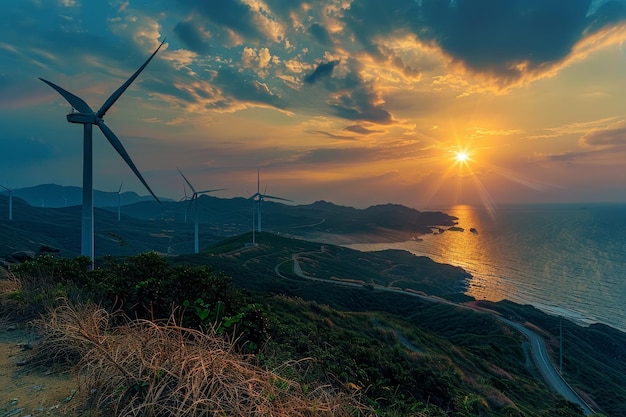 Rural wind turbines at sunset