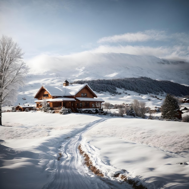 Rural Winter Landscape Snowy Mountains and House