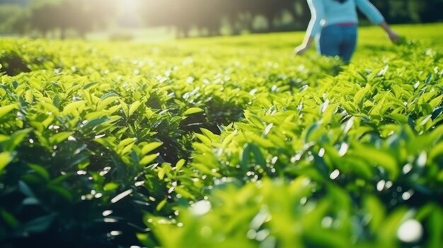 柔らかい茶の芽を摘む農村の女性労働者