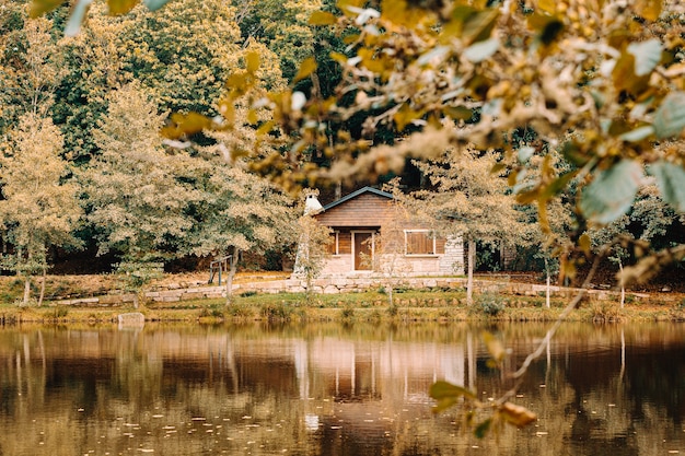 Rural wooden house cabin in the forest