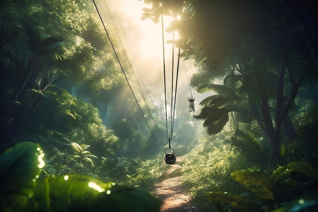 The rush of adrenaline as you zip line through a lush jungle canopy on a summer adventure ride