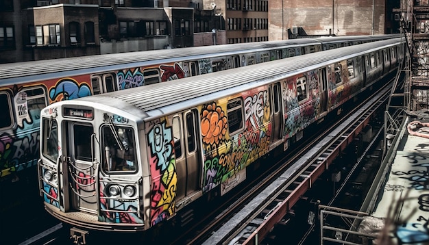 Rush hour traffic blurs past subway platform generated by AI