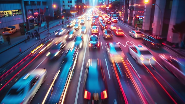 Photo rush hour traffic in the city the lights of the cars create a colorful blur