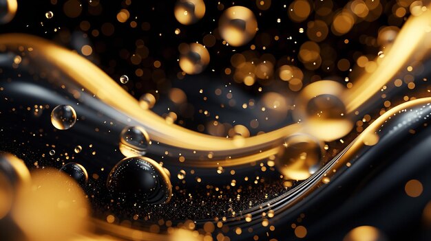 Photo rushing glinting liquidlike bubbles black and gold art wallpaper theme and space generative ai