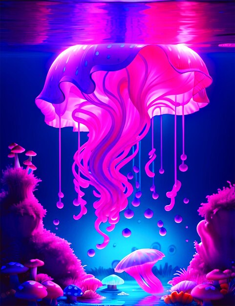 Rushing water fall underneath water florescent jelly fish neon mushrooms isometric view vapor