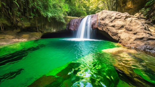 A rushing waterfall cascading into a deep emeraldgreen pool under the bright sun