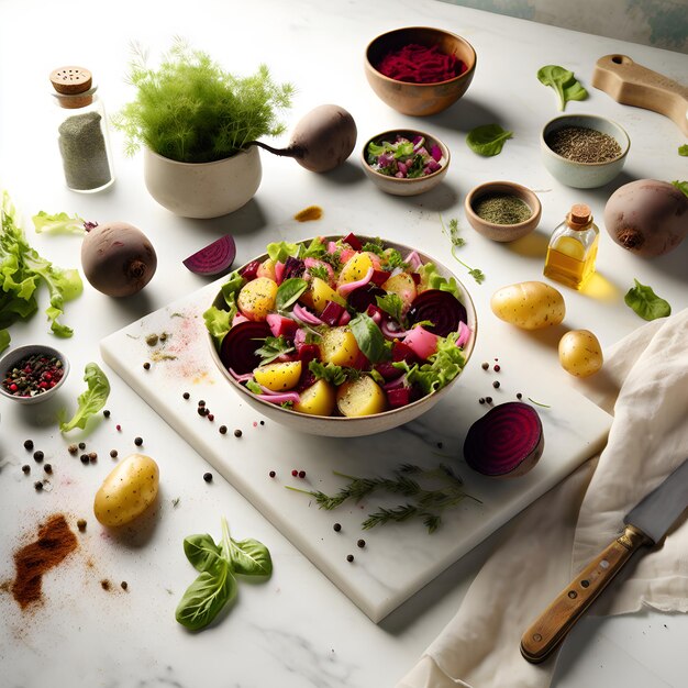 Photo ruska salata beetroot potato salad on marble counter