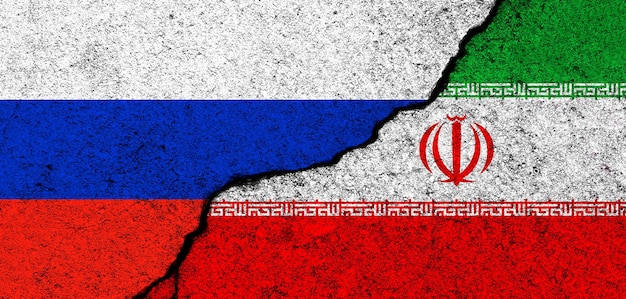 Rusland en Iran vlaggen achtergrond Diplomatie en politiek conflict en concurrentie partnerschap en samenwerking concept foto