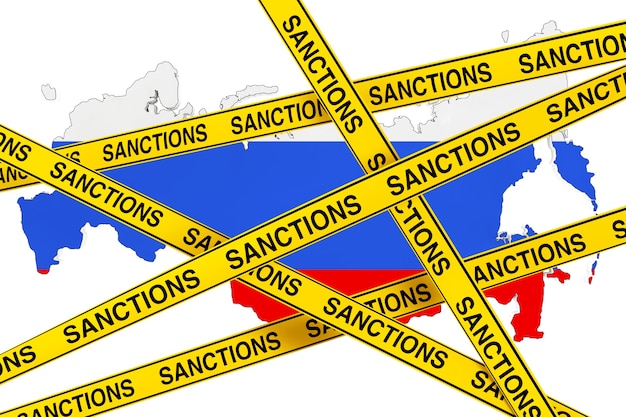 Rusland Sancties Concept. Gele tape met sancties teken tegen van Rusland kaart met vlag op een witte achtergrond. 3D-rendering