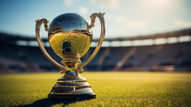 Rusland-trofee van het WK tegen de achtergrond van het Luzhniki-stadion in Moskou