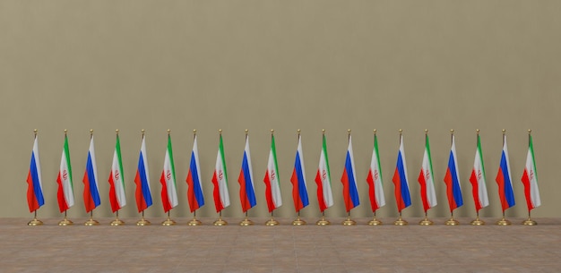 Фото Саммит россии и ирана или концепция встречи флаги россии и флаги ирана 3d иллюстрация и 3d работа