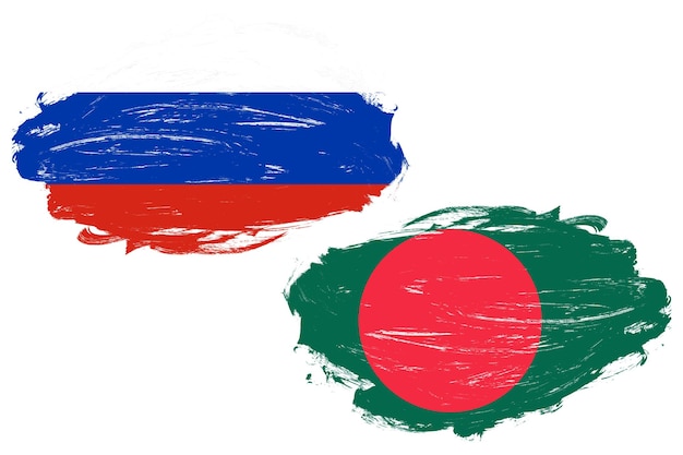 Russia and bangladesh flag together on a white stroke brush background