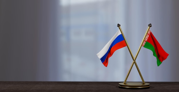 Russia and Belarus flags on table Negotiation between Belarus and Russia