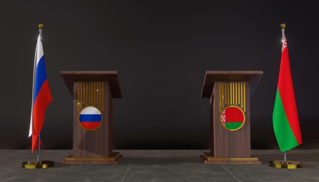 Photo russia and belarus russia and belarus flag russia and belarus negotiations rostrum for speech 3d work and 3d image