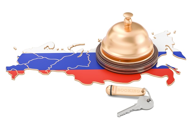 Russia booking concept Russian flag with hotel key and reception bell 3D rendering