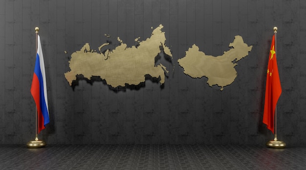 Russia and China Flag of Russia and China on wall with Russia map and China map world war