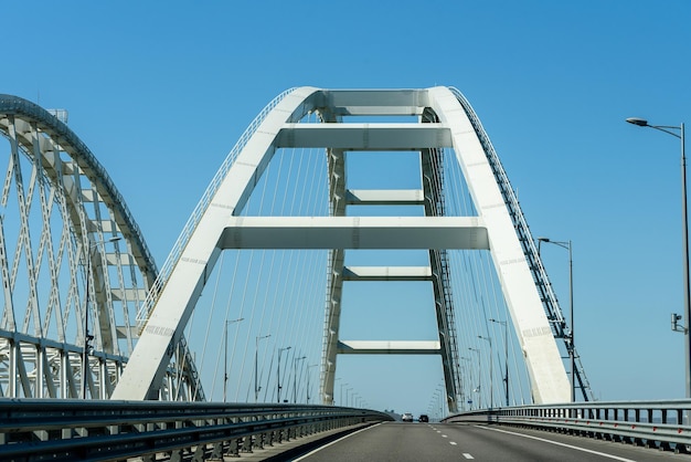 Russia Crimea September 11 2019 The road to Crimea via the Crimean bridge View from the car window