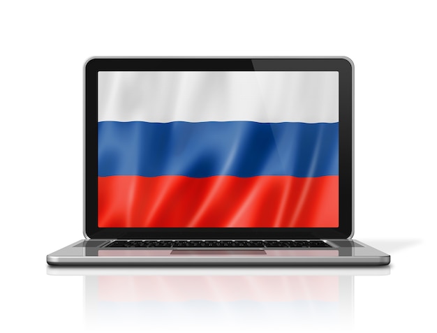 白で隔離のラップトップ画面上のロシアの旗。 3Dイラストのレンダリング。