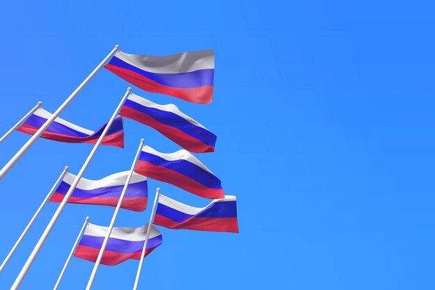 Russia flags waving in the wind against a blue sky d rendering