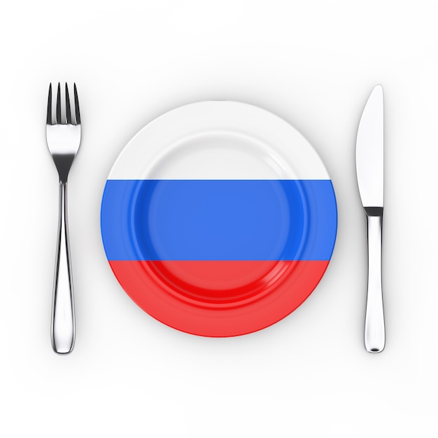 Russia Food or Cuisine Concept. Fork, Knife and Plate with Russian Flag on a white background. 3d Rendering