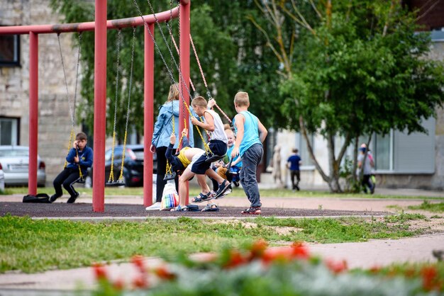 Russia Gatchina August 2020 children playing on the Playground in the summer