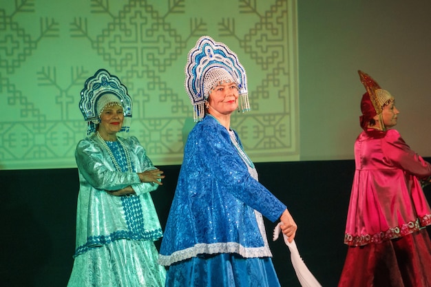 Russia, Gatchina, October 14, 2022 Pensioners perform Russian folk dances at the festival