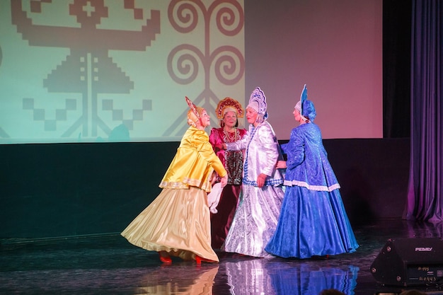 Russia, Gatchina, October 14, 2022 Pensioners perform Russian folk dances at the festival