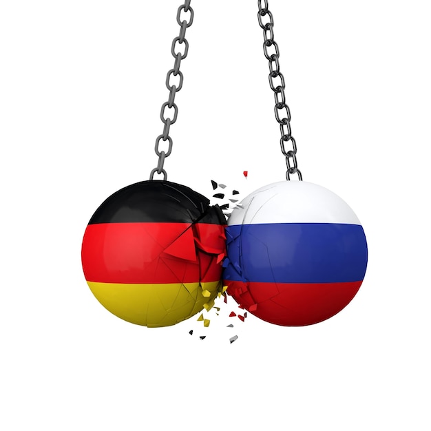Russia and germany political tensions concept national flag wrecking balls smash together d rendering