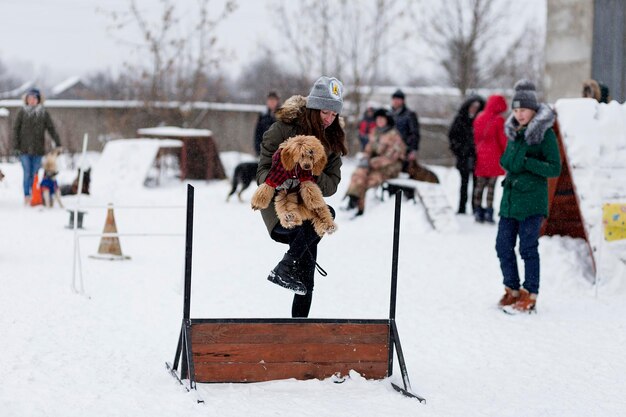 Russia Ivanovo 24 December 2017 people train their dogs dog walking editorial