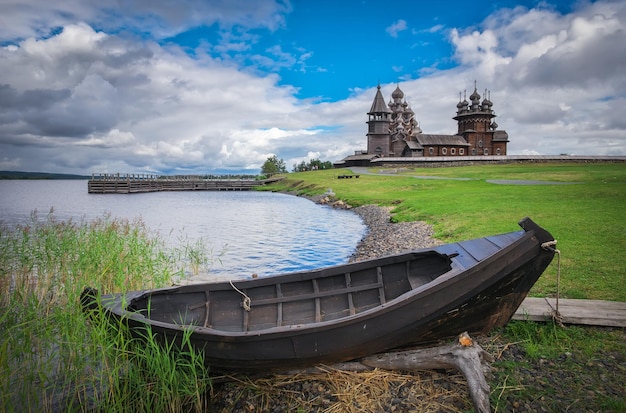 Russia Karelia Kizhi Island Boat on the shore of lake Onega