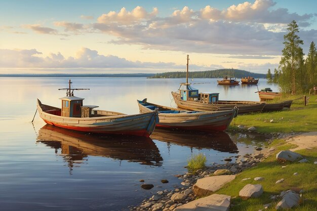 Russia karelia kizhi island boats on the shore of lake onega