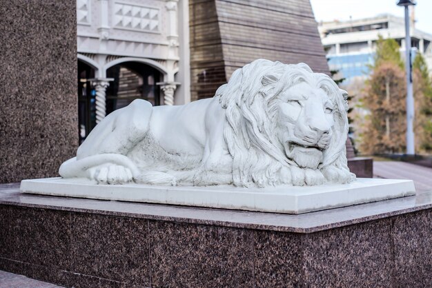 Russia, Kazan, April 21, 2018: white sculptures of lion