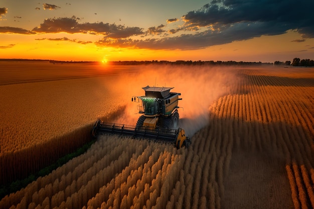 Russia Krasnodar Territory July 20 2021 At dusk a harvester is at work in a wheat field