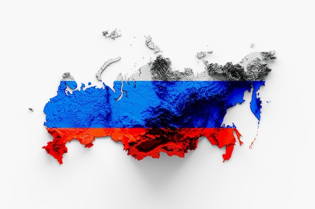 Photo russia map and flag 3d topographic map 3d illustration russia map national flag icon