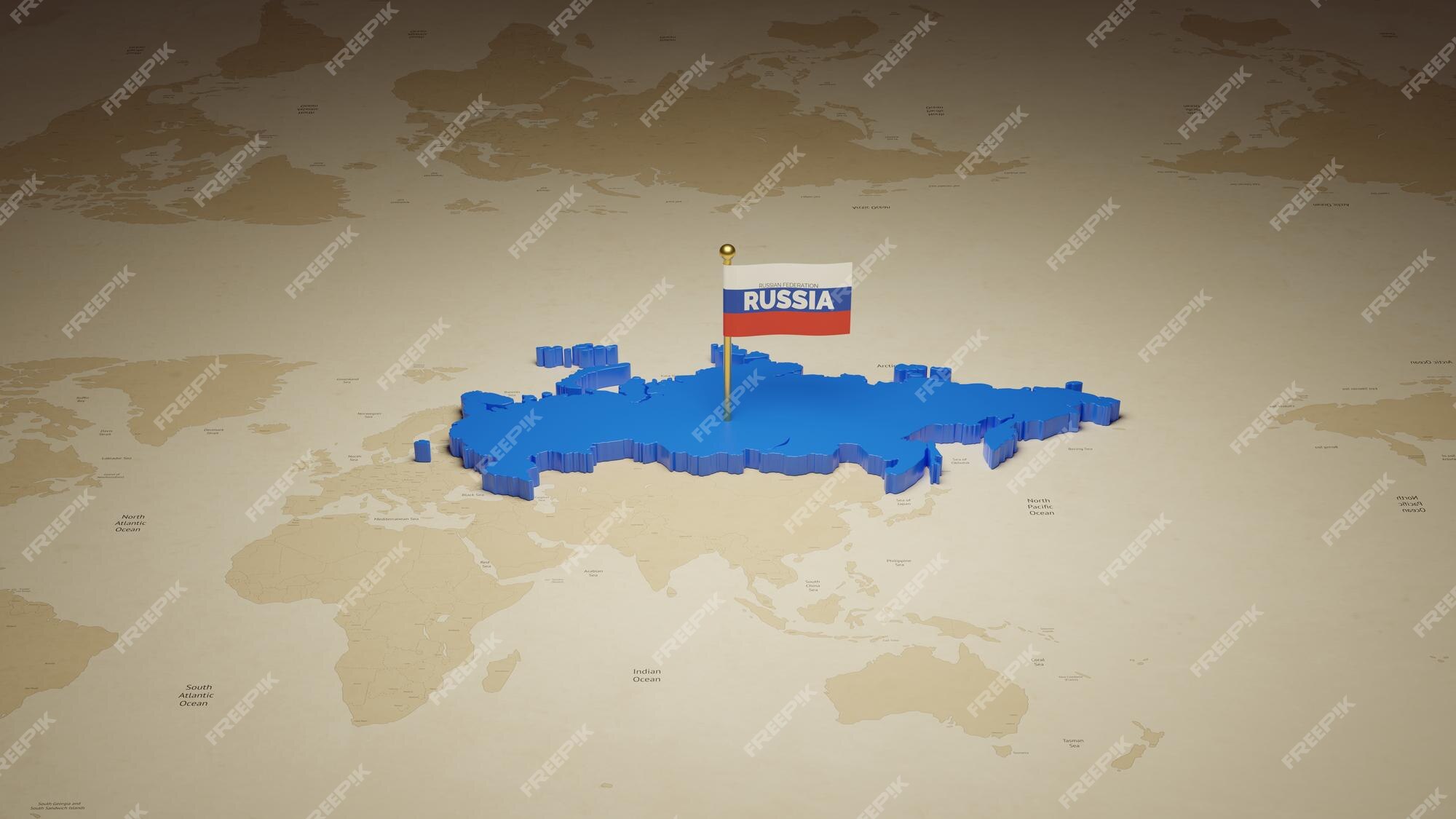 Free Flag 3D Map of Russia, flag centered