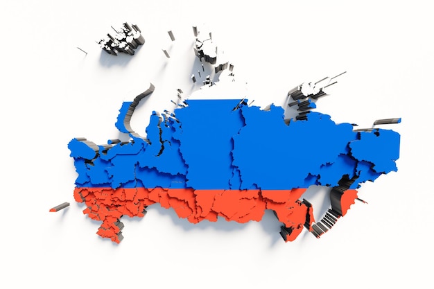 Foto mappa della russia con i colori della bandiera e l'ombra su sfondo bianco mediante rendering 3d