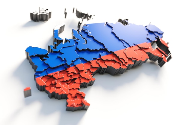 Russia map with flag colors and shadow on white background by 3D rendering