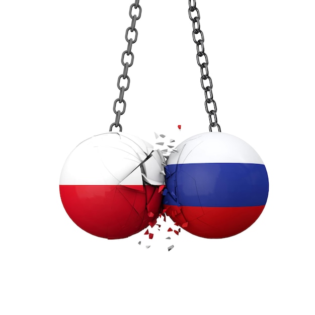 Russia and Poland political tensions concept National flag wrecking balls smash together 3D Rendering