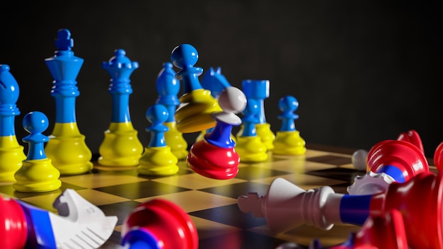 Russia's aggression against Ukraine Chess in the colors of flags 3D rendering illustration