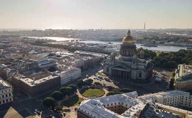 Russia, Saint-Petersburg, July 2018 - Aerial view of St. Isaac Cathedral in Saint-Petersburg before sunset